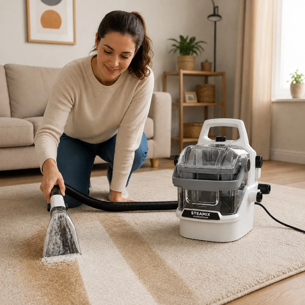 Steamix Hydrosteam czyści dywan w salonie parą o wysokiej temperaturze